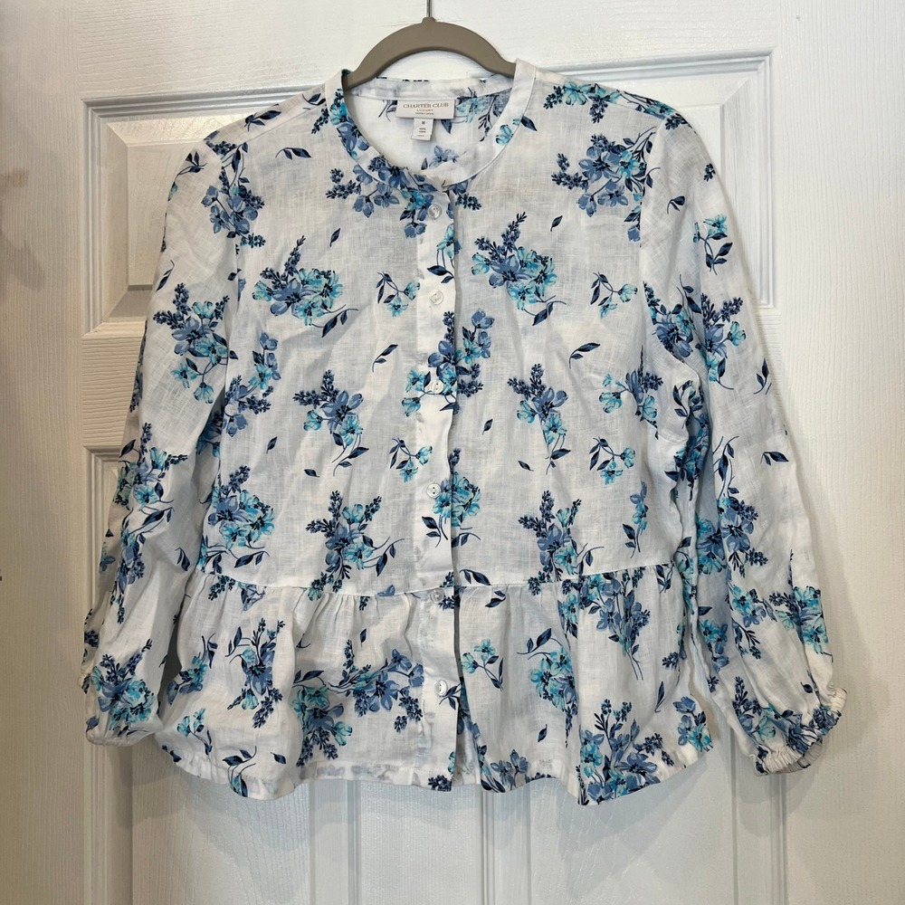 Charter Club Blouse 100% Linen Floral Coastal Cottagecore Peplum Blue White M